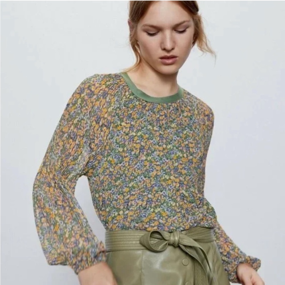 Zara | Floral Oversized Pleated Scoop Neck Blouse